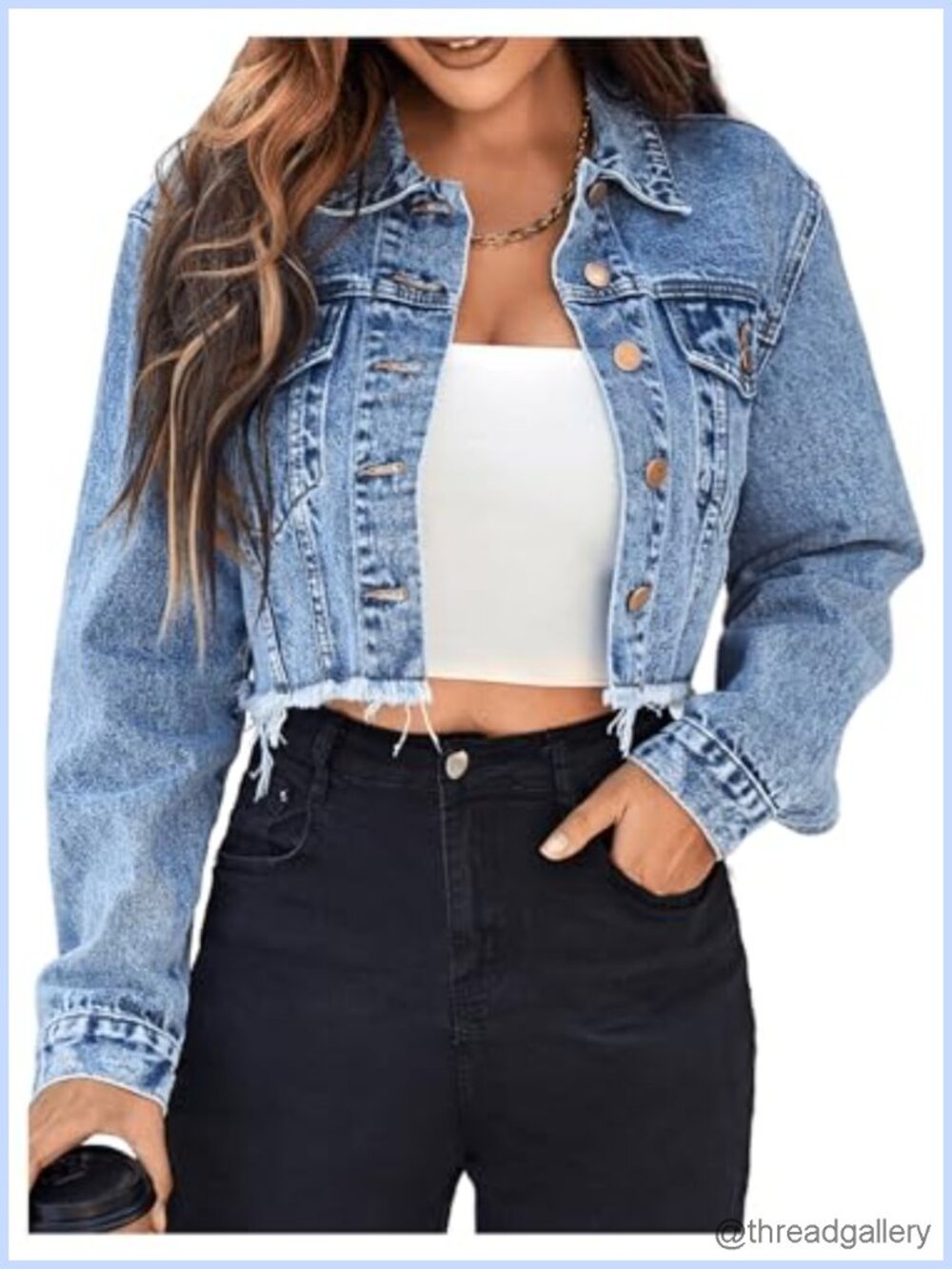 Cropped Denim Jean Jacket Raw Hem Button Down Long Sleeve